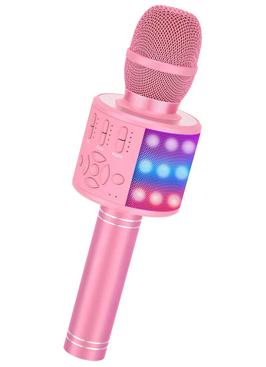 Magic Sing LED Karaoke Microphone for Kids, Wireless Bluetooth Toy for 3-12 Year Old Girls, KTV Speaker with Voice Changer, Home KTV Karaoke Machine for Android, iOS, PC (KP06-Pink)