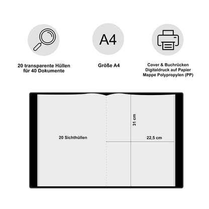 Minilino report folder with 20 premium transparent sleeves A4 size. Protect and store certificates/documents from elementary school. Folder designed for girls (pink flower meadow).