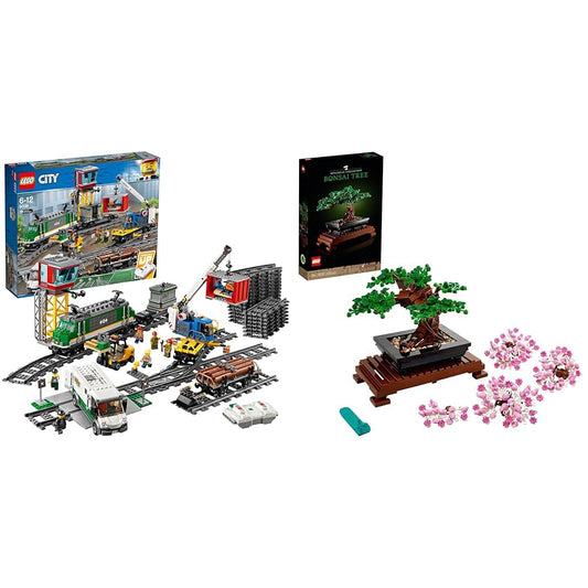LEGO City Cargo Train, set with battery-powered motor & Icons Bonsai Tree Set for adults, plants home decor set.