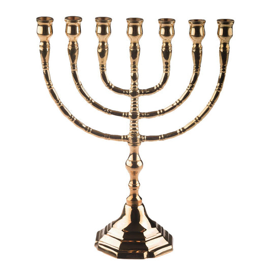 Junker Church Supplies Candle Holder Menorah, seven-branched candelabra made of polished & lacquered brass, for Ø 13mm candles, height 25cm, width 20cm
