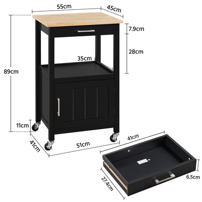 Yaheetech kitchen cart on wheels, serving cart with cabinet and shelf, wooden countertop, rolling cart 55x45x89cm, country style kitchen trolley in black.