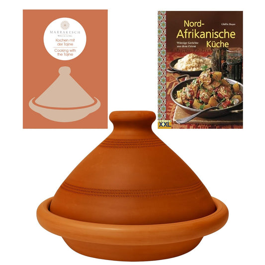 Tagine, original from Morocco, including cookbook North African cuisine, clay pot for cooking, Tuareg Ø 30cm, for 4-5 people, handmade from Marrakesh, free from pollutants.