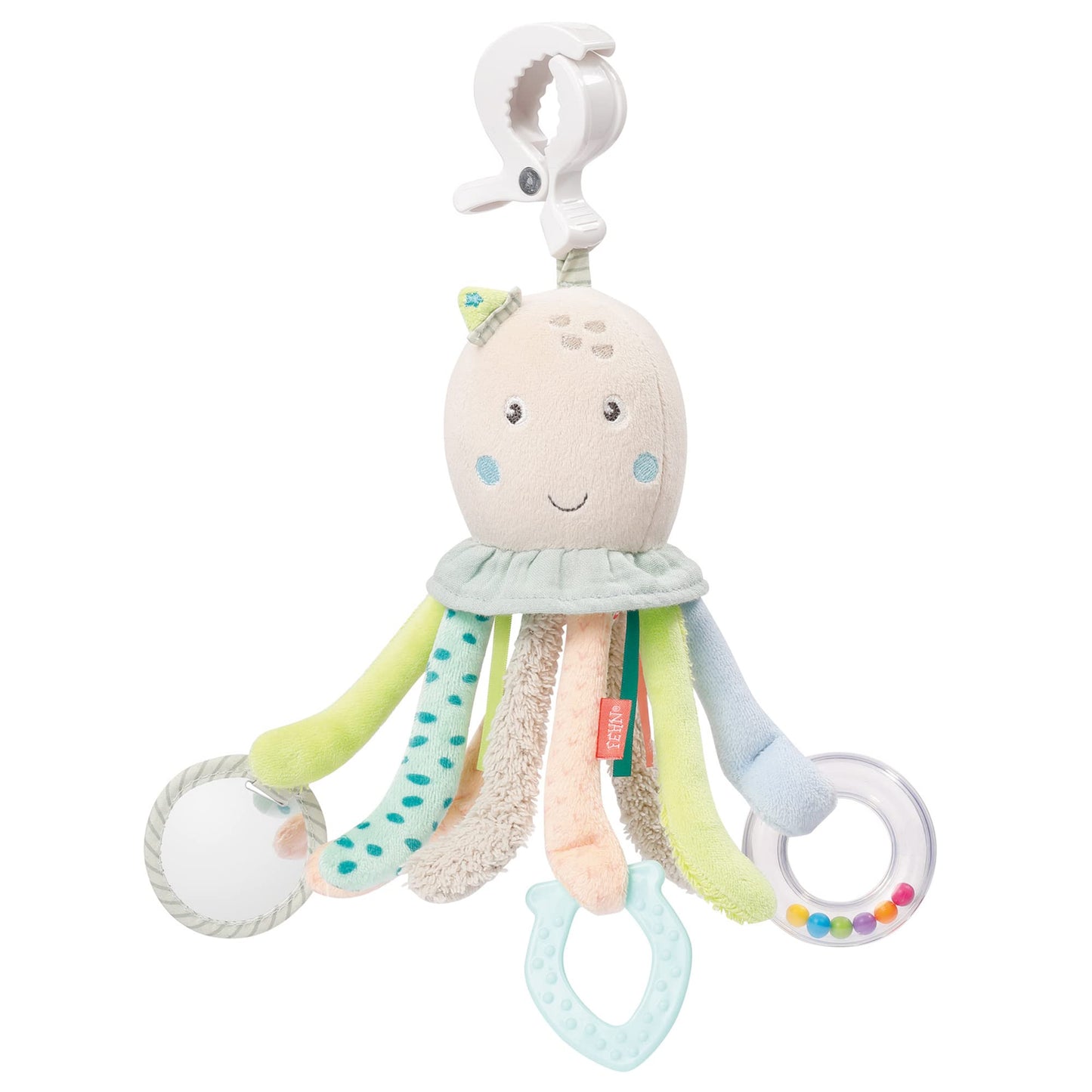 Fehn Activity Octopus Toy - Baby motor skills toy for strollers, cribs, and car seats for biting, grabbing, and making noise - Teething toy for babies and children aged 0+ months.