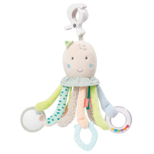Fehn Activity Octopus Toy - Baby motor skills toy for strollers, cribs, and car seats for biting, grabbing, and making noise - Teething toy for babies and children aged 0+ months.