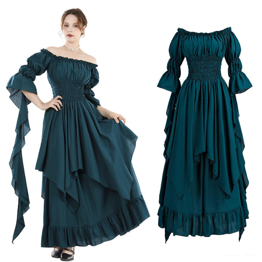 Fiamll Victorian Dress Renaissance Costume Women Gothic Witch Dress Medieval Maxi Dress Ladies Wedding Dress (Peacock Green L/XL)