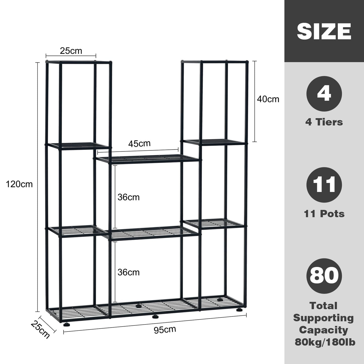 HUSFITLY metal flower rack, 4 tiers, 11 pots plant stand indoor outdoor, 120cm high waterproof flower stand, multi-tiered plant stand for garden balcony living room courtyard, black
