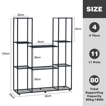 HUSFITLY metal flower rack, 4 tiers, 11 pots plant stand indoor outdoor, 120cm high waterproof flower stand, multi-tiered plant stand for garden balcony living room courtyard, black