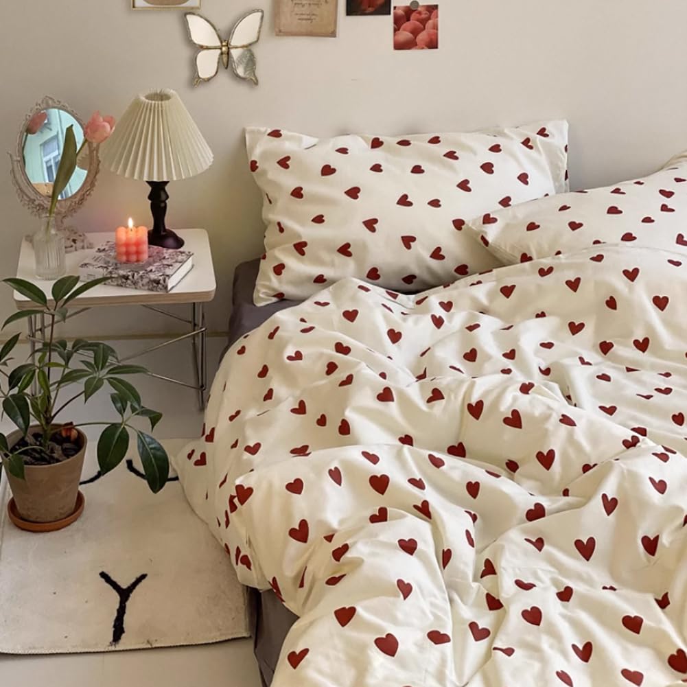 Nayoroom bedding 135x200 White with Red Hearts Duvet Cover 2-piece Microfiber Red White Hearts Bedding Set and Pillowcase 80x80 cm with zipper