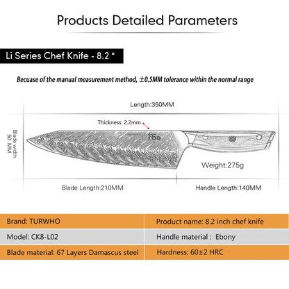 Kitchen knife Damascus knife 20cm Professional Chef's Knife Very Sharp Blade 67 Layers Damascus Steel Chinese Chef's Knife for Cutting.