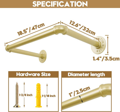 Industrial pipe clothing rack, set of 2, 52 cm, DIY, sturdy clothes rack, wall mounted, black iron pipe frame (Gold) 52 cm