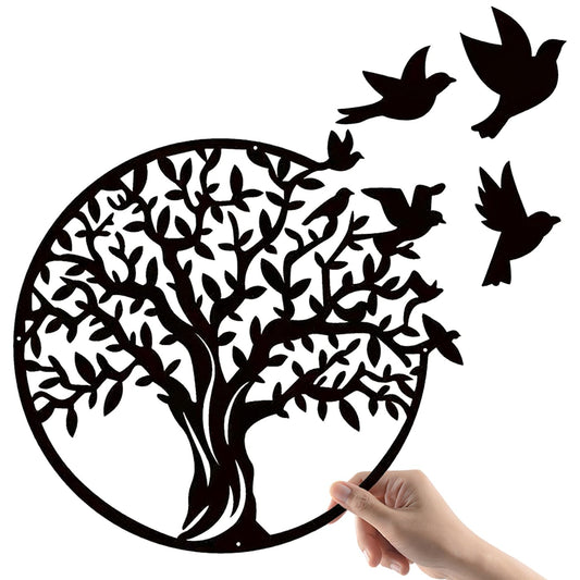 Luccyle metal wall art, Metal Tree of Life wall decoration silhouette, family tree with birds on branch, home decor for bedroom, living room, kitchen (Black, 49x49cm)