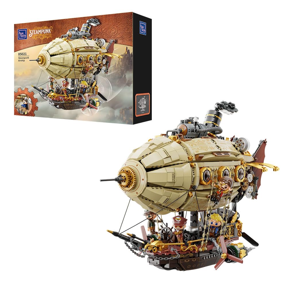PANTASY Steampunk airship model kit for adults, two-layer Zeppelin with gear mechanism, DIY building block set, retro sci-fi construction toy for collectors & display.