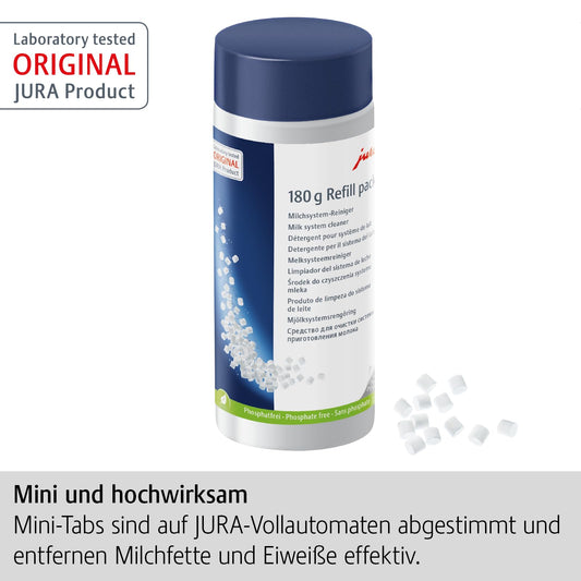 JURA original - Mini-Tabs for milk system cleaning for 60 cleanings - TÜV-certified hygiene - 180g refill bottle - 24212, white