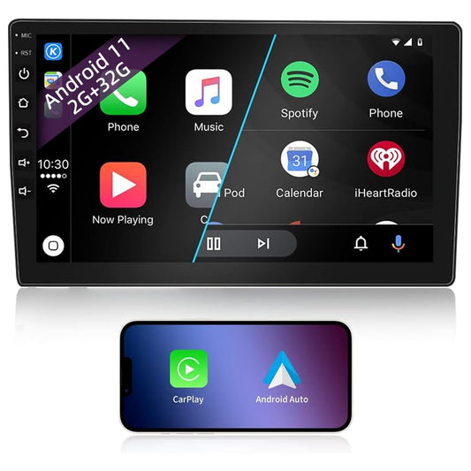 2 DIN car stereo, 10 inch 1080P HD touchscreen car radio with Bluetooth, Android car radio with navigation, Wireless CarPlay & Wireless Android Auto, FM radio, Mirrorlink, WiFi, 2 USB ports, 2GB RAM + 32GB storage.