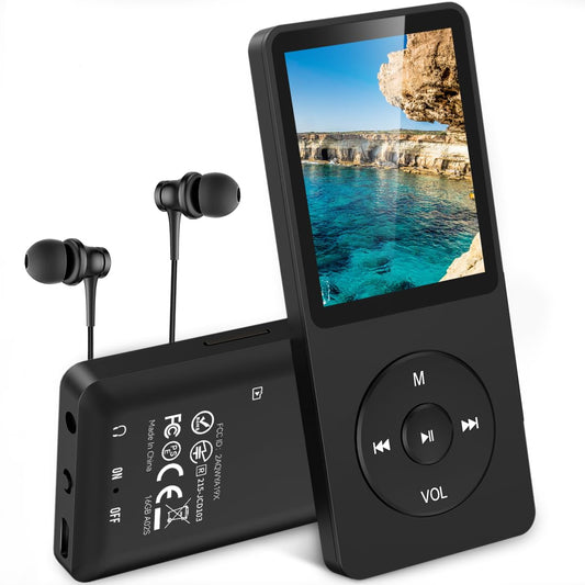 AGPTEK MP3 Player, 16GB lossless MP3 with 1.8 inch screen, 70 hours portable music player with headphones, FM radio, pictures, recordings, e-book, black.