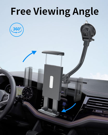 APPS2Car tablet holder for car, suitable for 7.9-11 inch tablets like iPad mini/9.7/10.2/10.5 and more. Features a 13" long arm, anti-vibration design, and 360 degree adjustability.