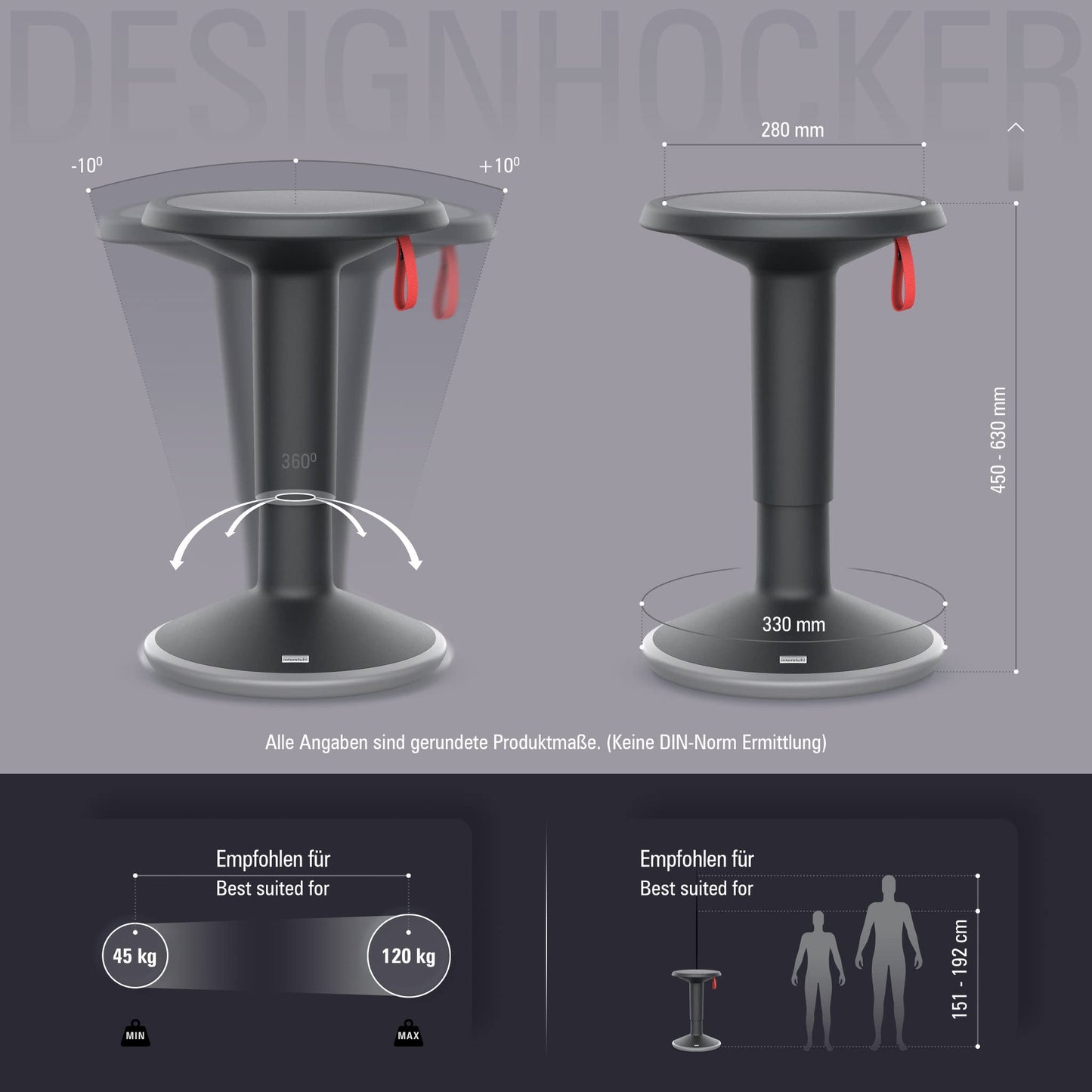 Interstuhl UPis1 - ergonomic sitting stool with rocking effect - height adjustable - stool with non-slip base & tilt protection - office stool (Black, UP Design Stool)
