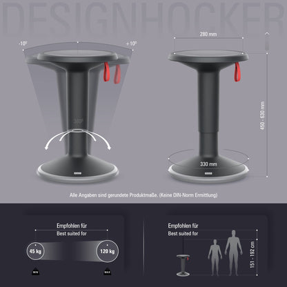 Interstuhl UPis1 - ergonomic sitting stool with rocking effect - height adjustable - stool with non-slip base & tilt protection - office stool (Black, UP Design Stool)