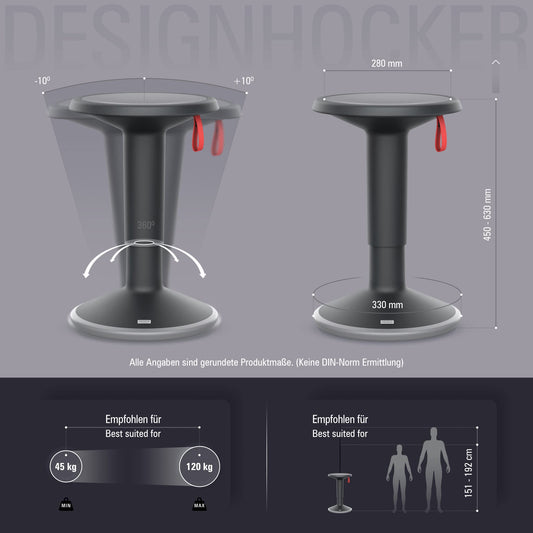 Interstuhl UPis1 - ergonomic sitting stool with rocking effect - height adjustable - stool with non-slip base & tilt protection - office stool (Black, UP Design Stool)
