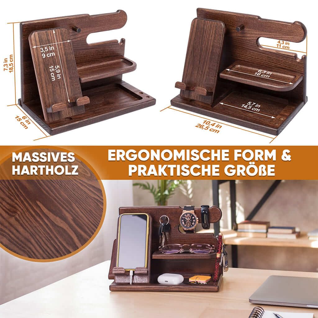 TESLYAR Wooden Phone Docking Station & Desk Organizer in Brown with Phone Stand for Office Storage & Organization/Perfect Men's Gifts for Birthday or Christmas
