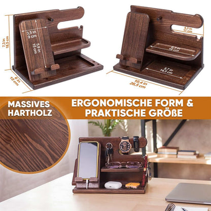 TESLYAR Wooden Phone Docking Station & Desk Organizer in Brown with Phone Stand for Office Storage & Organization/Perfect Men's Gifts for Birthday or Christmas