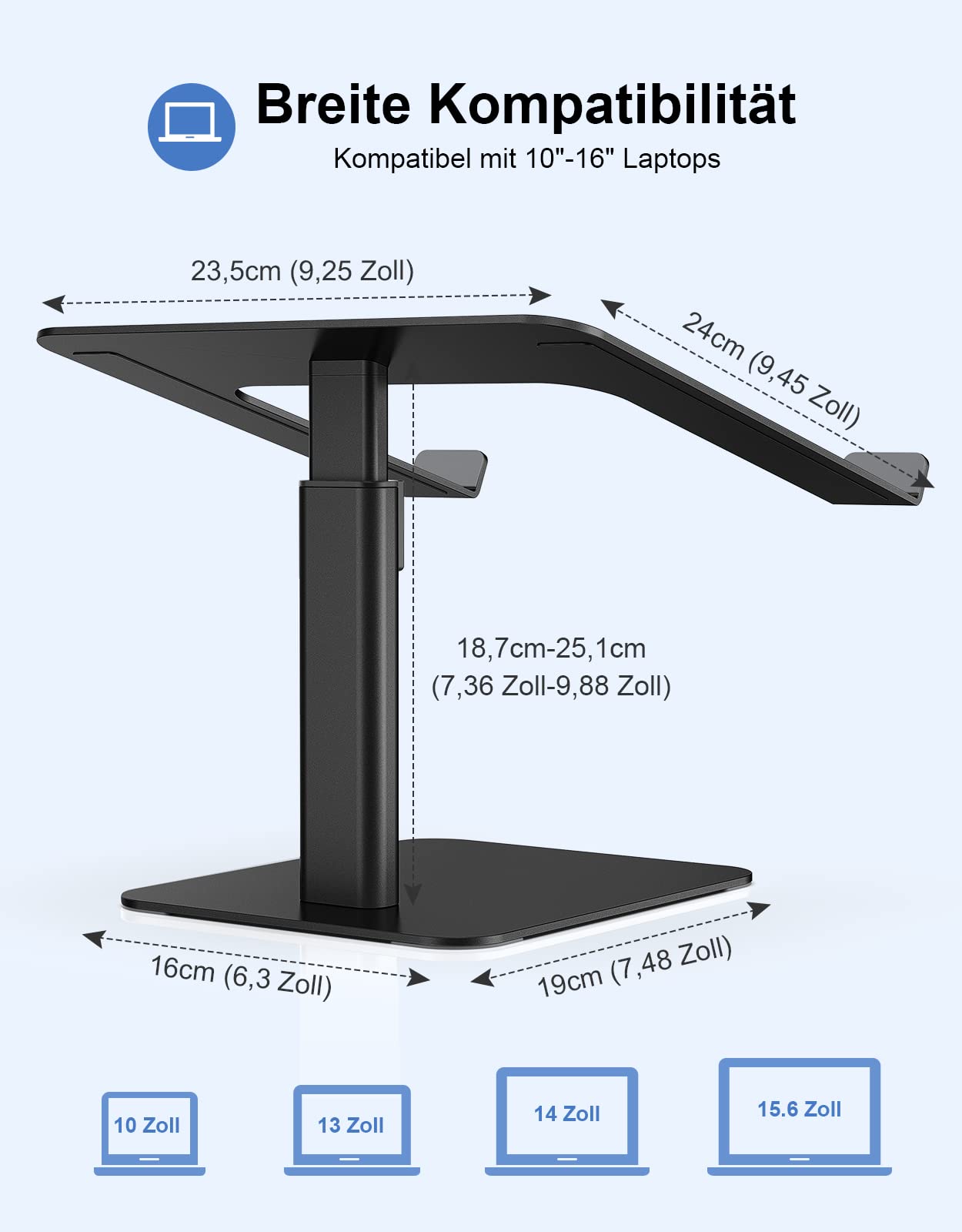 Babacom laptop stand, 8 adjustable heights aluminum cooling pads laptop stand, ergonomic ventilated laptop stand compatible with MacBook, Air, Pro, all 10"-16" notebooks - black