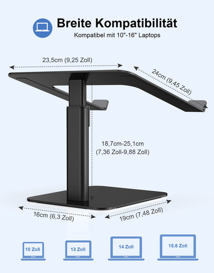 Babacom laptop stand, 8 adjustable heights aluminum cooling pads laptop stand, ergonomic ventilated laptop stand compatible with MacBook, Air, Pro, all 10"-16" notebooks - black