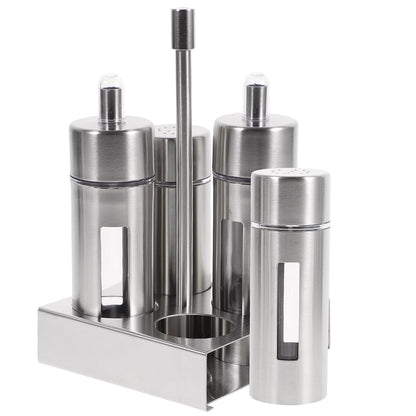 YARNOW Oil and Vinegar Salt Pepper Caddy Bottle Set Stainless Steel Spice Dispenser Salt Pepper Shaker Vinegar Bottle Caddy Removable with Base Stand for Kitchen Countertop