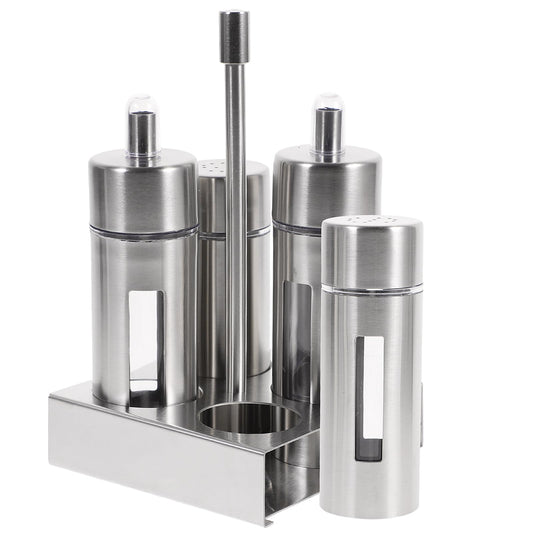 YARNOW Oil and Vinegar Salt Pepper Caddy Bottle Set Stainless Steel Spice Dispenser Salt Pepper Shaker Vinegar Bottle Caddy Removable with Base Stand for Kitchen Countertop