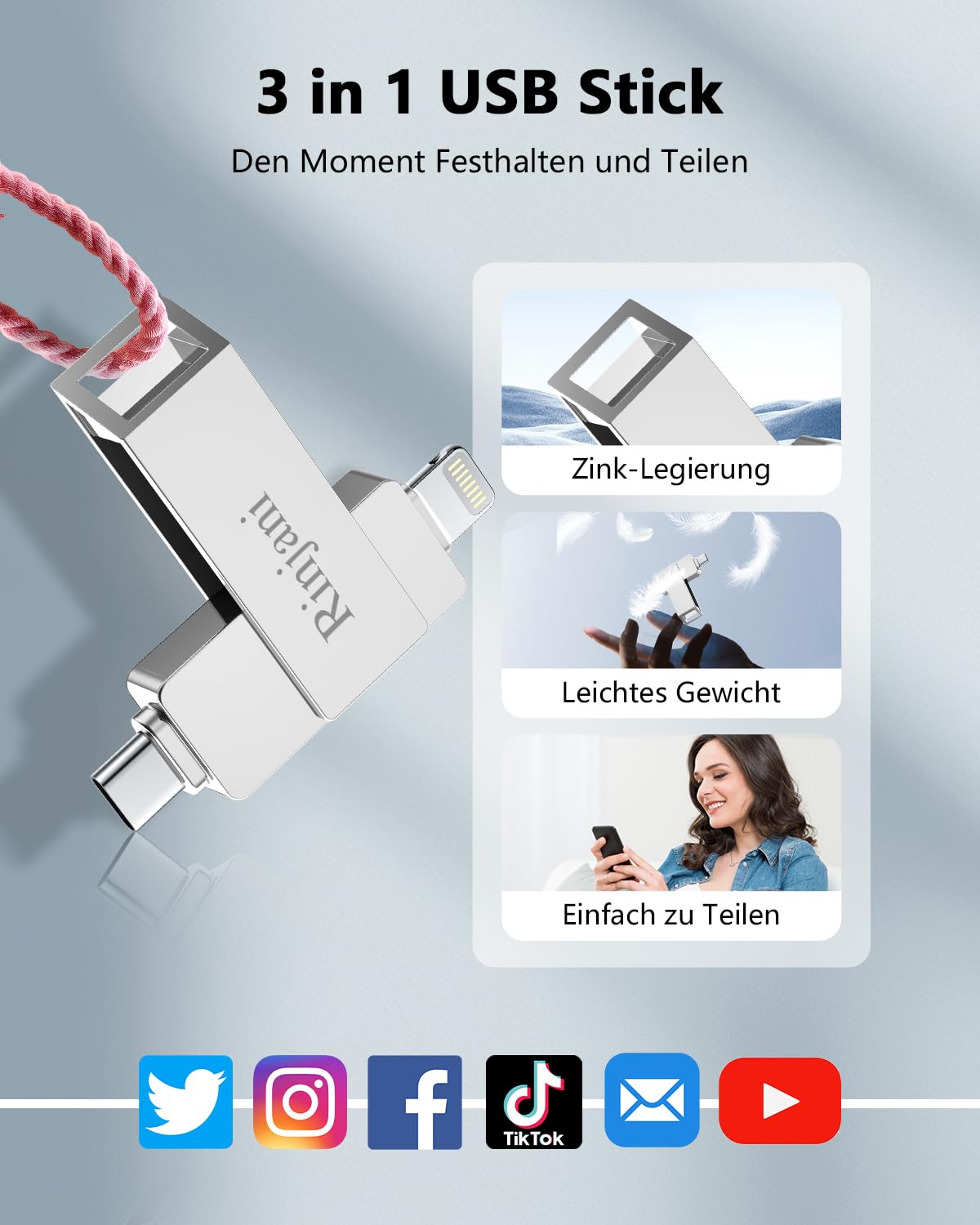 Rinjani USB Stick 512GB for iPhone Apple Certified, USB C Stick for iPhone 15/16, OTG Android Phone, iPad, Mac, Tablet, PC, USB 3.0 Memory Stick Photo Stick External SSD 3 in 1 MFi Lightning