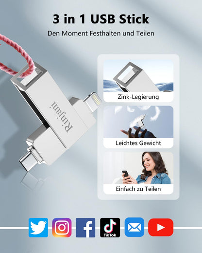 Rinjani USB Stick 512GB for iPhone Apple Certified, USB C Stick for iPhone 15/16, OTG Android Phone, iPad, Mac, Tablet, PC, USB 3.0 Memory Stick Photo Stick External SSD 3 in 1 MFi Lightning