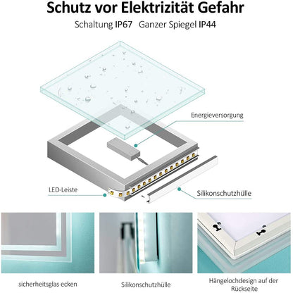 EMKE LED bathroom mirror with lighting 80x60cm, equipped with a toggle switch and anti-fog feature. Choose between warm white and cool white light modes, and mount the energy-efficient mirror horizontally or vertically.