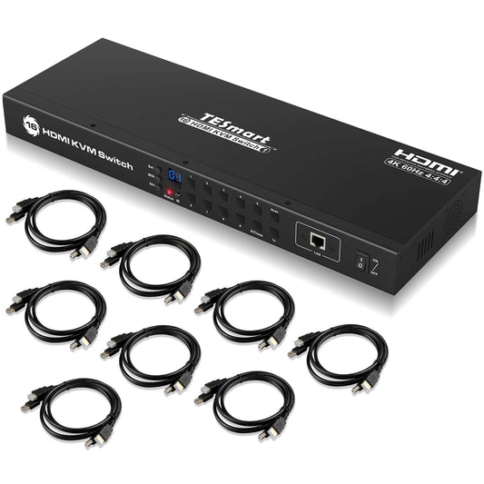 TESmart HDMI KVM Switch 4K 60Hz 16 Port HDMI-KVM console Rack Mount Switch with 8 x 1.5m KVM cables, control input for up to 16 computers/servers, USB2.0 device RS232, LAN Port Control Switch.
