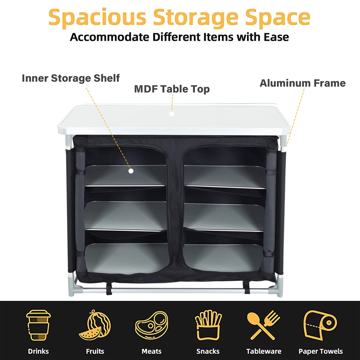 Warmiehomy Camping Kitchen Cabinet Foldable, Portable Camping Cabinet with Aluminum Frame & 1 Double Compartment, Mobile Outdoor Camping Kitchen Table for Picnic, Travel, Beach, Black, 100×50×80 cm