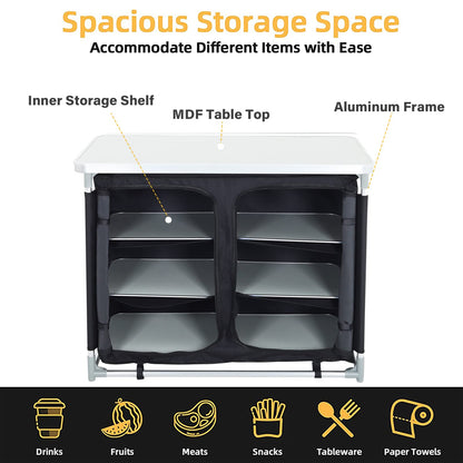 Warmiehomy Camping Kitchen Cabinet Foldable, Portable Camping Cabinet with Aluminum Frame & 1 Double Compartment, Mobile Outdoor Camping Kitchen Table for Picnic, Travel, Beach, Black, 100×50×80 cm