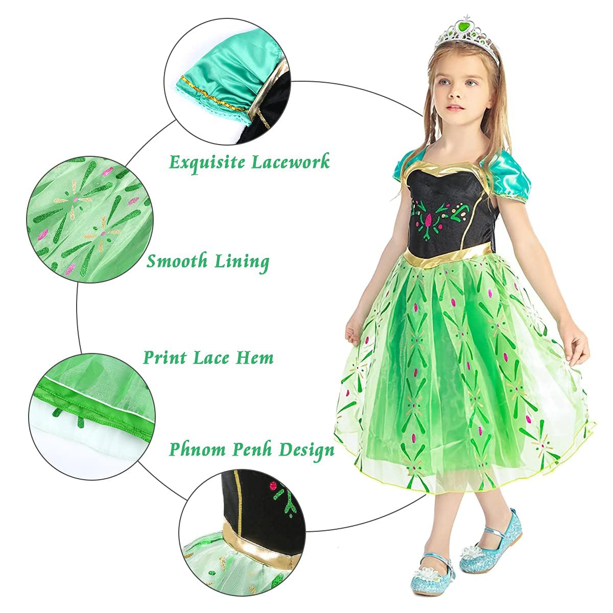 "URAQT Girl Costume Dress, Kids Princess Costume for Carnival Party Cosplay Disguise Halloween Celebration Birthday, with Accessories Crown Wand, 130CM"