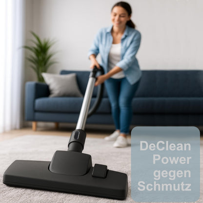 The DeClean floor nozzle is compatible with Miele vacuum cleaner parts for C1, C2, C3, Complete, Compact, Classic, S8340, EcoLine, PowerLine S8, S6, S5, S4, S2, S1. Brush nozzle for carpet.