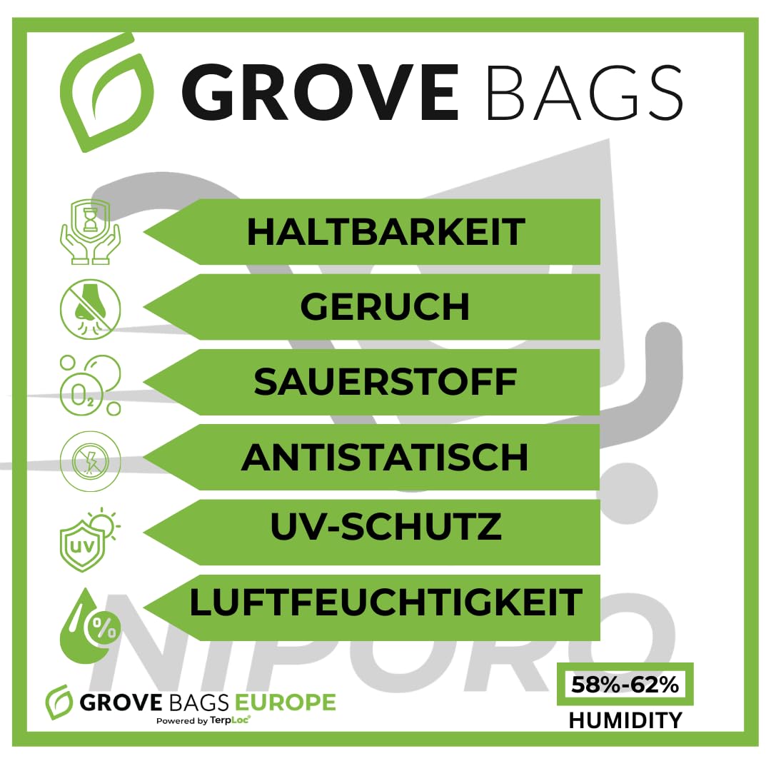 10 pieces for 15g Glassless Terploc Grove Bags incl.1 Hygrometer Heat-sealed and zip bags Moisture control Weed Humidor Bags with relative humidity between 58 and 62% (10, 15 grams)