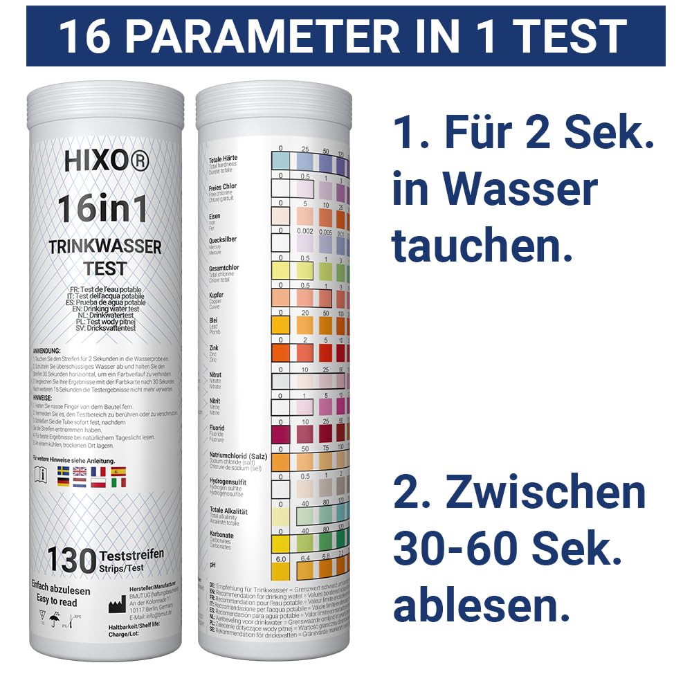 130x 16in1 drinking water test strips in tube | Water analysis for 16 parameters | Ideal water test strips for drinking water, pool, spa & aquarium | Tests water hardness, lead, copper, iron, and more.