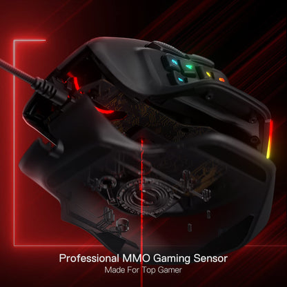 Redragon M811 Aatrox MMO Gaming Mouse, 15 programmable buttons wired RGB mouse with ergonomic grip, 10 side macro keys, software support & backlighting.