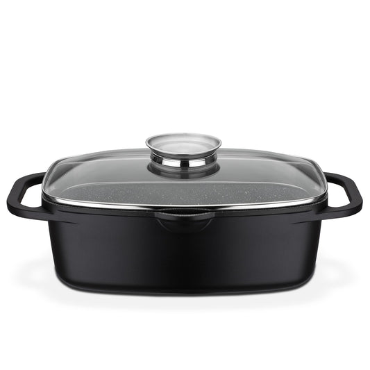 GSW universal roaster gourmet granite - high-quality roaster with lid, perfect for stewing, grilling, and roasting, suitable for induction and oven use - black, cast aluminum, 6 liters.