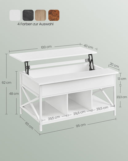 VASAGLE Coffee Table, Adjustable Living Room Table, Open and Hidden Storage, X-Struts, 60 x 100 x (48-62) cm, Snow White-White LCT205W46
