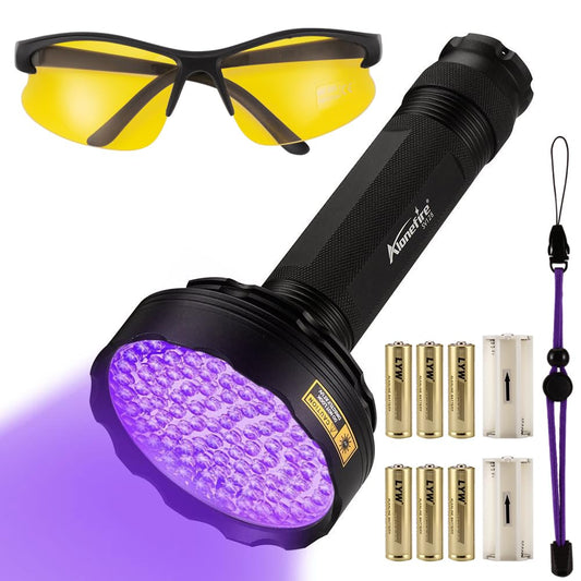 Alonefire SV128 395nm UV flashlight 128 LED blacklight flashlight for scorpion, pet urine detector, dry stain, carpet, floor with UV-protection glasses, 6 x AA batteries included.