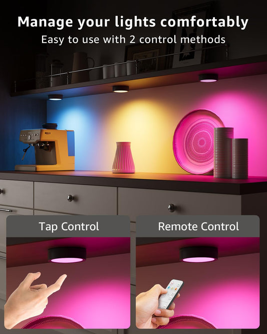 USB rechargeable RGB LED spotlight battery, 2400mAh rechargeable cordless display lighting with remote control and timer Magnetic under cabinet kitchen LED round color changing touch cabinet light for adhesive.