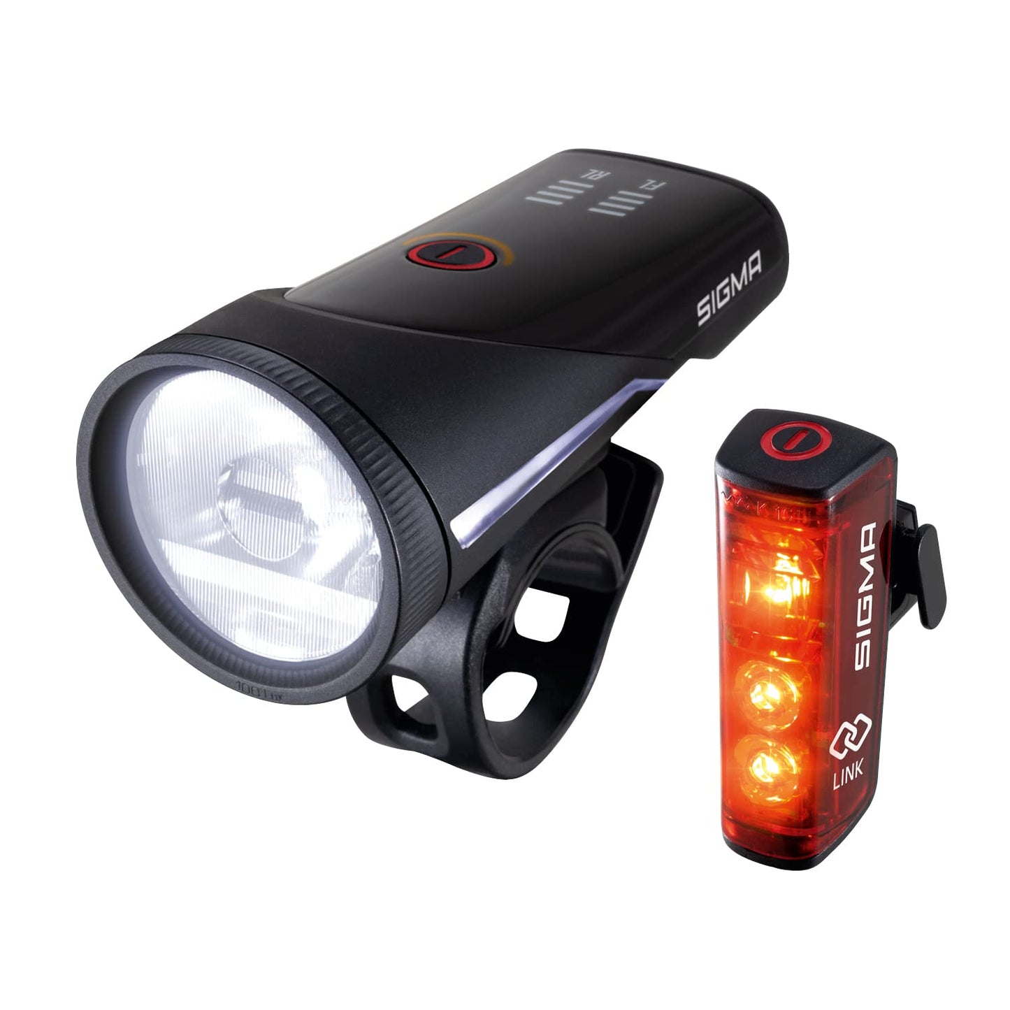SIGMA bike light set Aura 100/Blaze Link (silicone holder) | Innovative coupling function & automatic light adjustment | LED bike light front with 100 lux | Rear light with brake light function