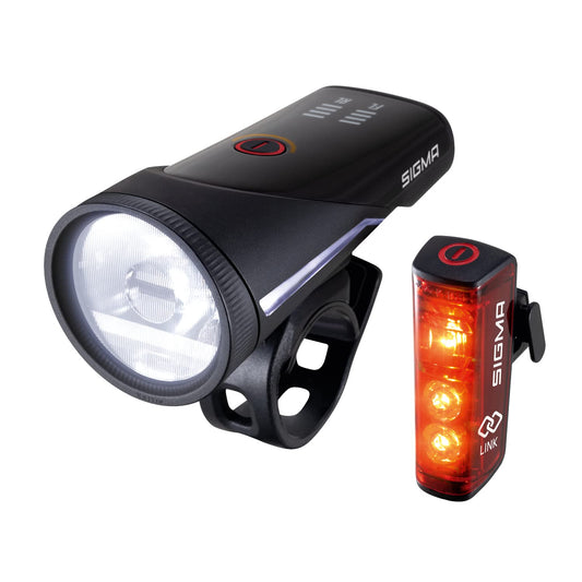 SIGMA bike light set Aura 100/Blaze Link (silicone holder) | Innovative coupling function & automatic light adjustment | LED bike light front with 100 lux | Rear light with brake light function