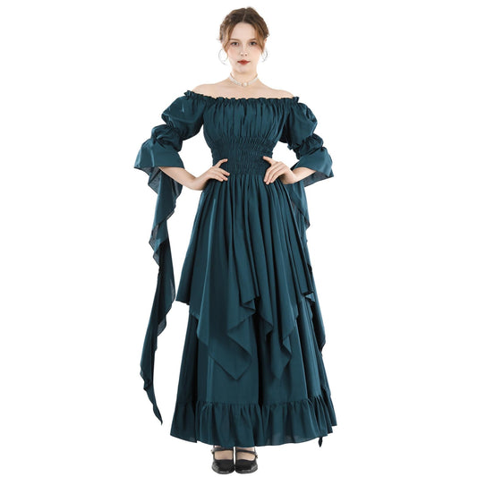 Fiamll Victorian Dress Renaissance Costume Women Gothic Witch Dress Medieval Maxi Dress Ladies Wedding Dress (Peacock Green L/XL)