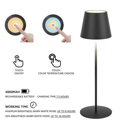 uuffoo Cordless Outdoor Table Lamp with 4000mAh LED Battery Touch Dimmable Warm White IP54 Waterproof Metal Table Lamp for Restaurant, Garden, and Bar (Black)