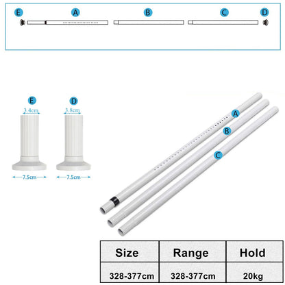Telescopic Pole Without Drilling, 328-377cm Extendable Stainless Steel Shower Curtain Rod for Large Windows/Shower Room (White-1, 328-377cm)