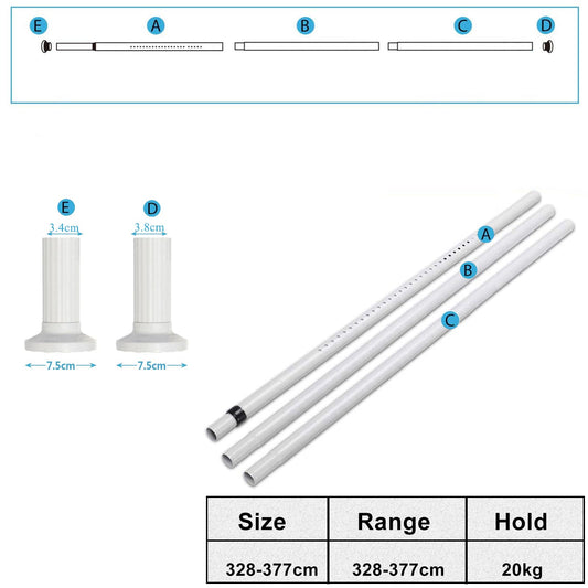 Telescopic Pole Without Drilling, 328-377cm Extendable Stainless Steel Shower Curtain Rod for Large Windows/Shower Room (White-1, 328-377cm)